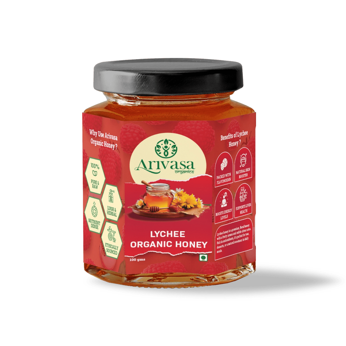 Lychee Organic Honey | Fruity, Pure & NMR Tested - Arivasa Organics - 100 gms -