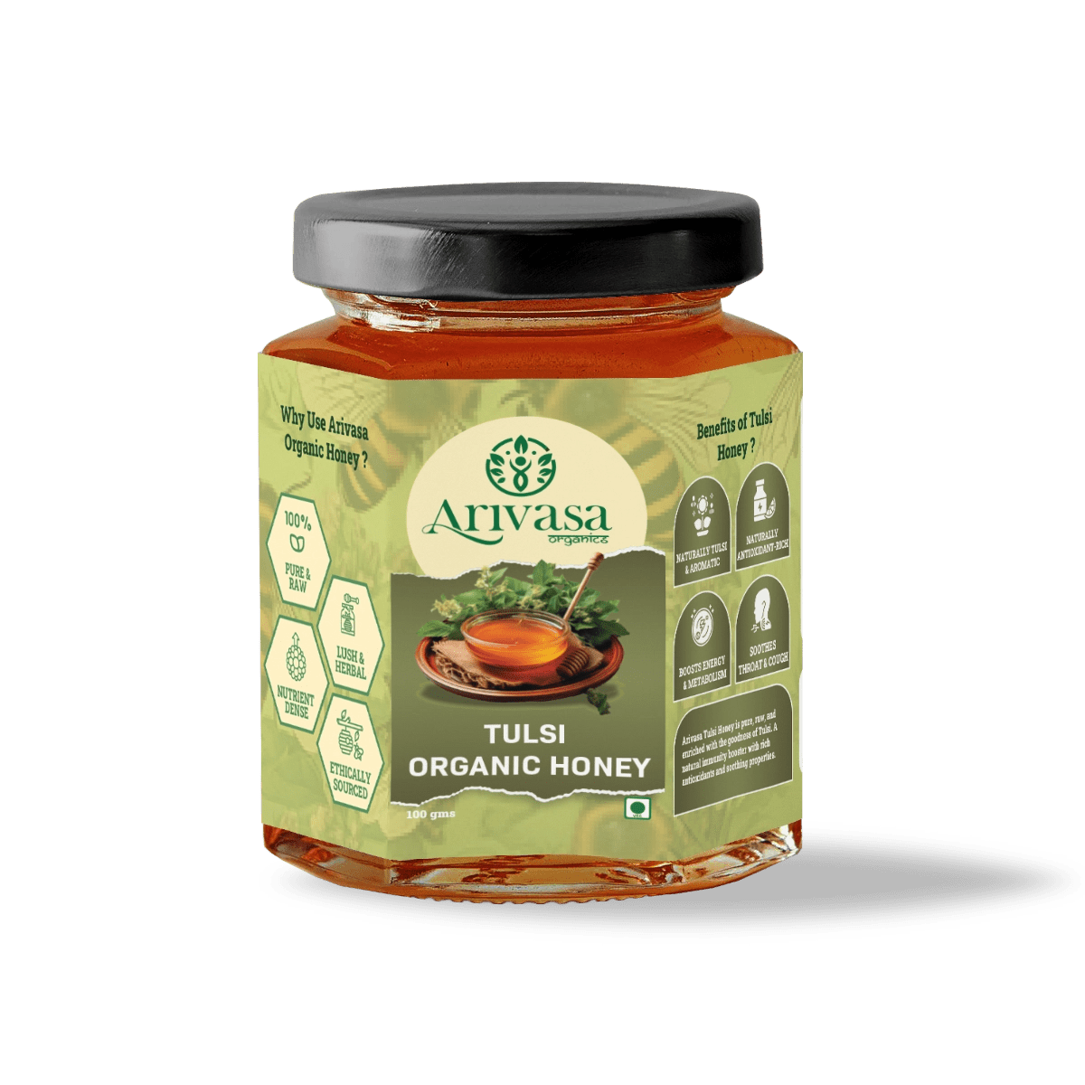 Tulsi Organic Honey | Pure, Floral & NMR Lab - Tested - Arivasa Organics - 100 gms -