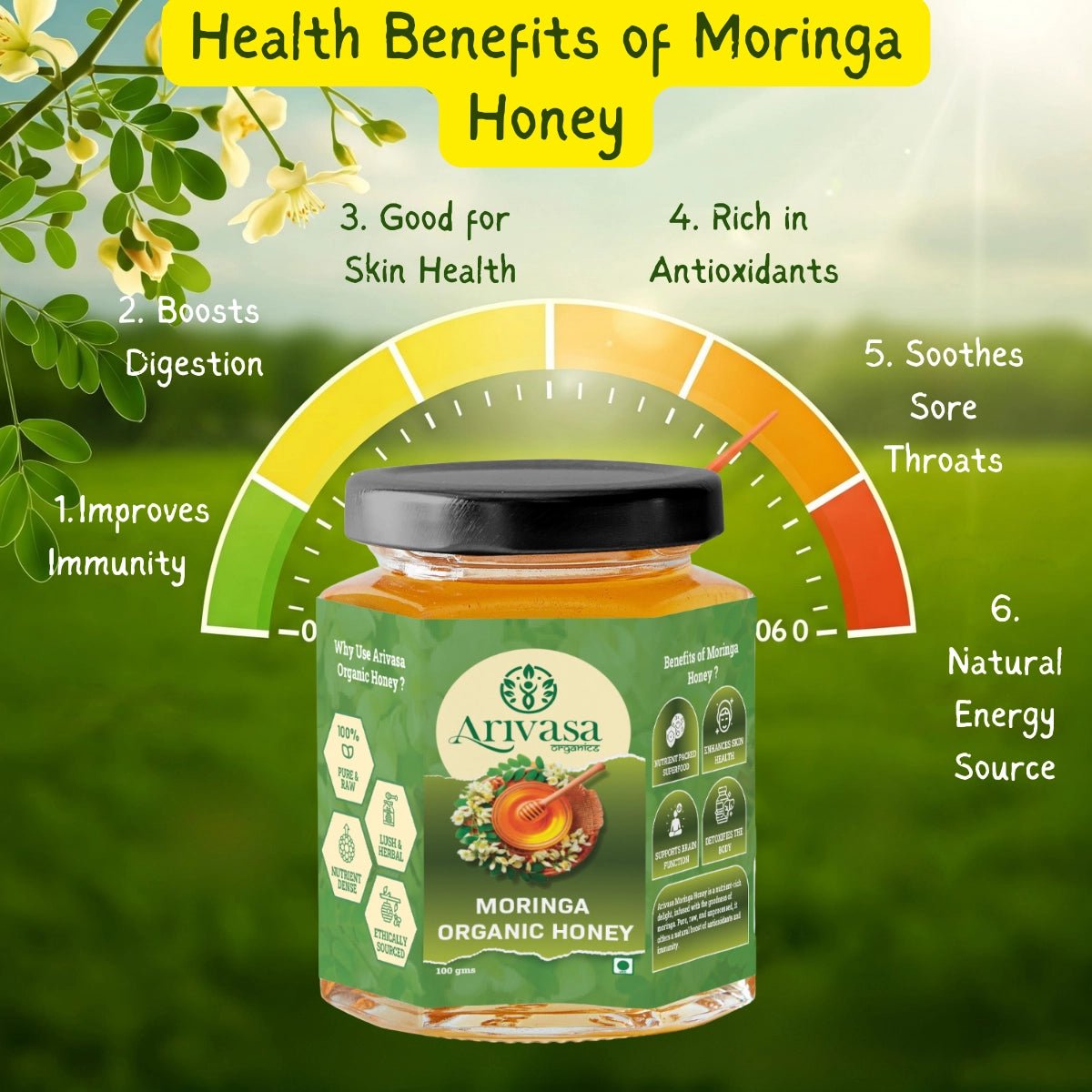 Moringa organic honey | Pure, natural & NMR lab - tested - Arivasa Organics - 100 gms - 