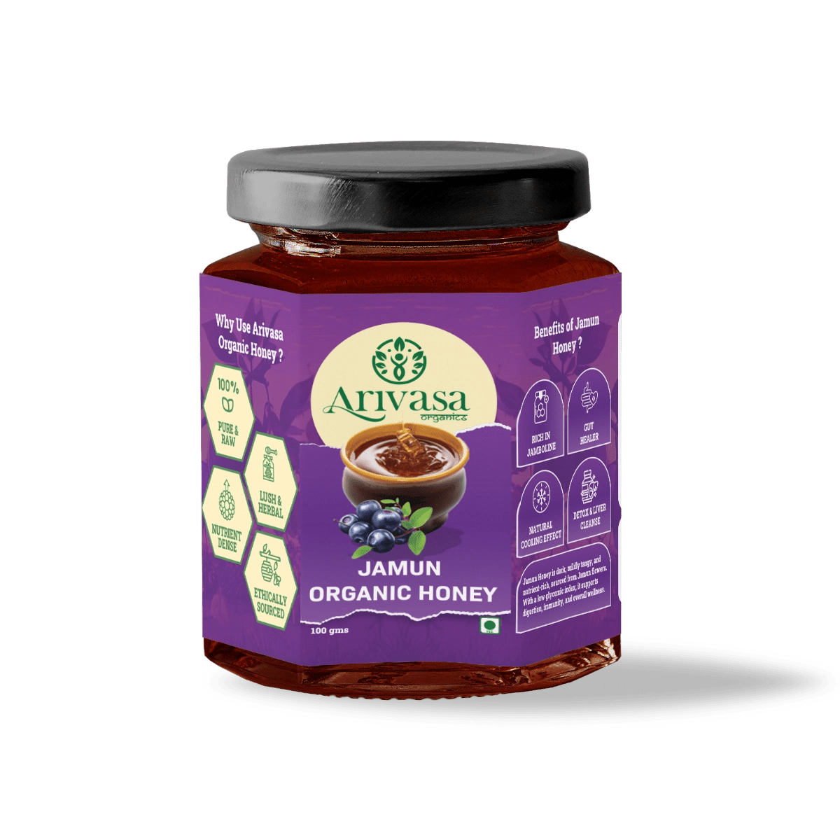 Jamun Organic Honey | Pure, Natural & NMR Lab - Tested - Arivasa Organics - 100 gms - 