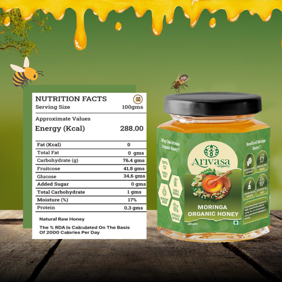 Moringa organic honey | Pure, natural & NMR lab - tested - Arivasa Organics - 100 gms - 