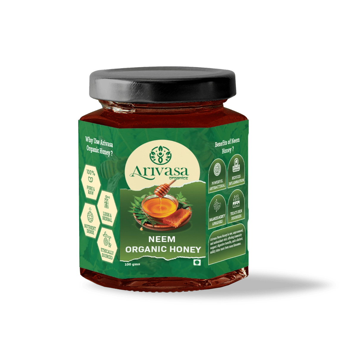 Neem Organic Honey | Pure, All - Natural & Lab - Tested by NMR - Arivasa Organics - 100 gms - 