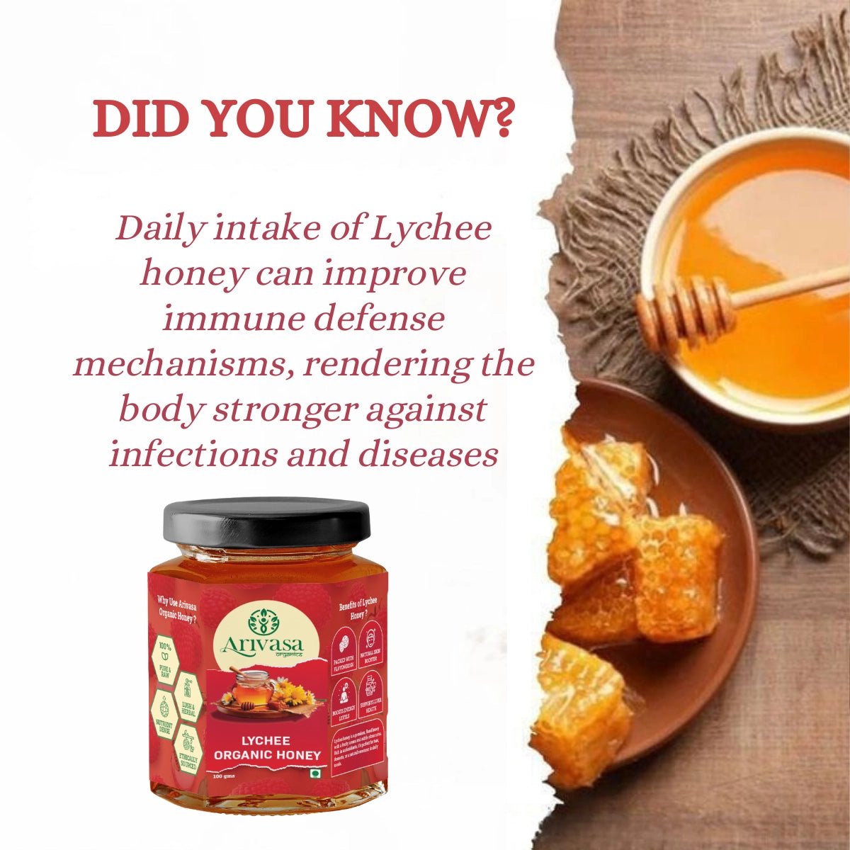 Lychee Organic Honey | Fruity, Pure & NMR Tested - Arivasa Organics - 100 gms - 