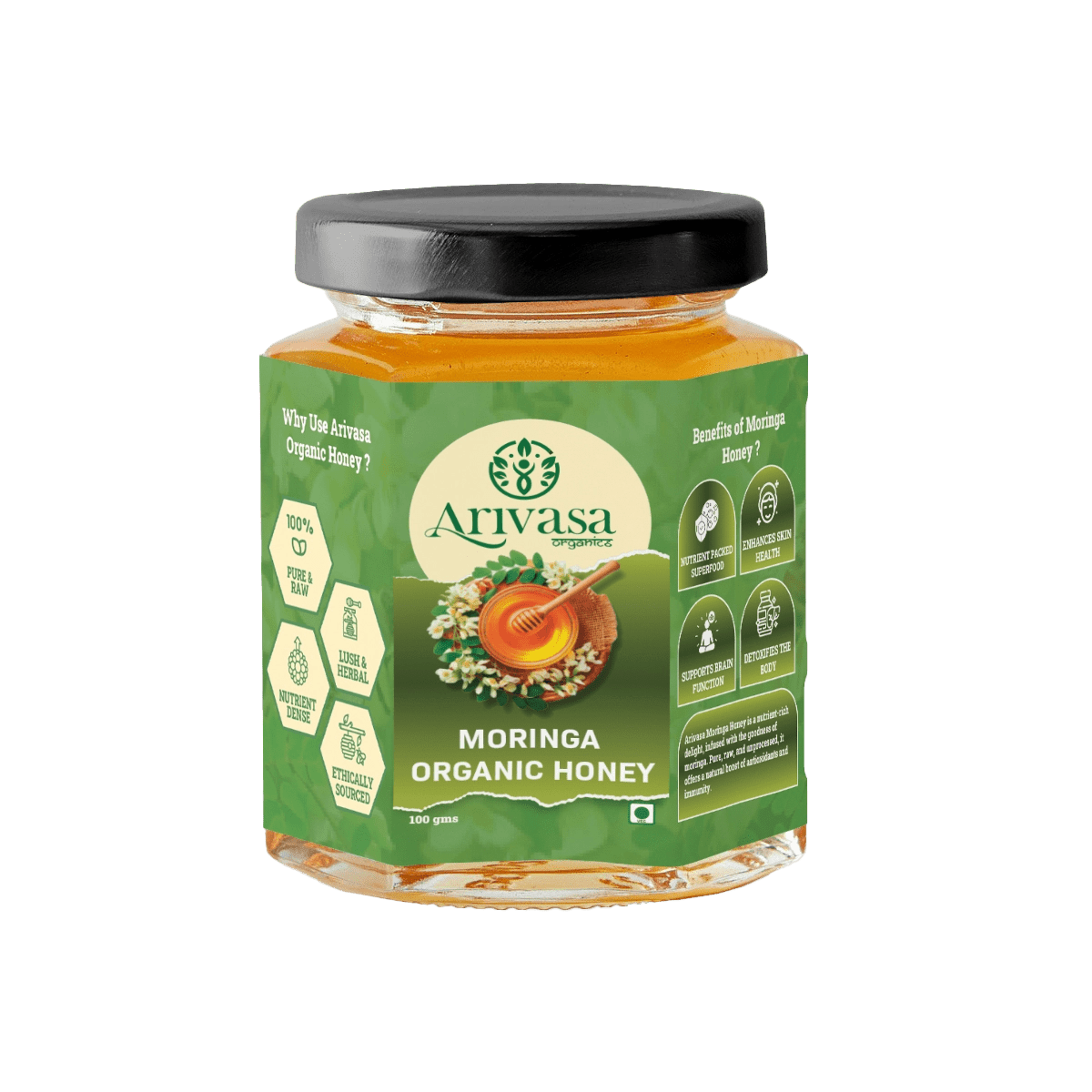Moringa organic honey | Pure, natural & NMR lab - tested - Arivasa Organics - 100 gms - 
