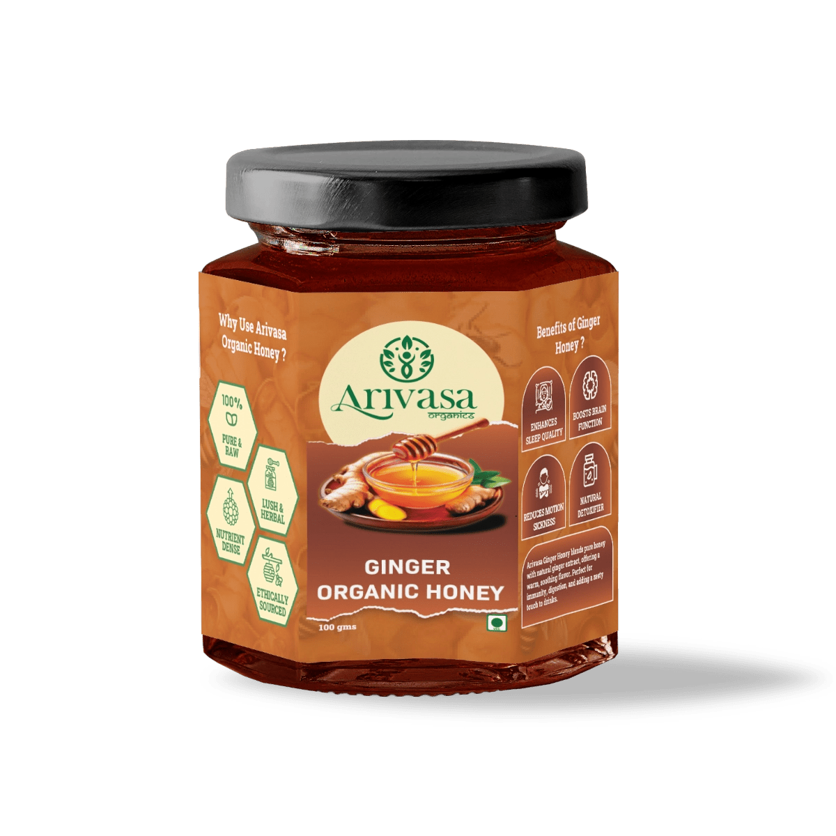 Organic Ginger Honey | Pure, Natural & NMR Lab - Tested - Arivasa Organics - 100 gms - 