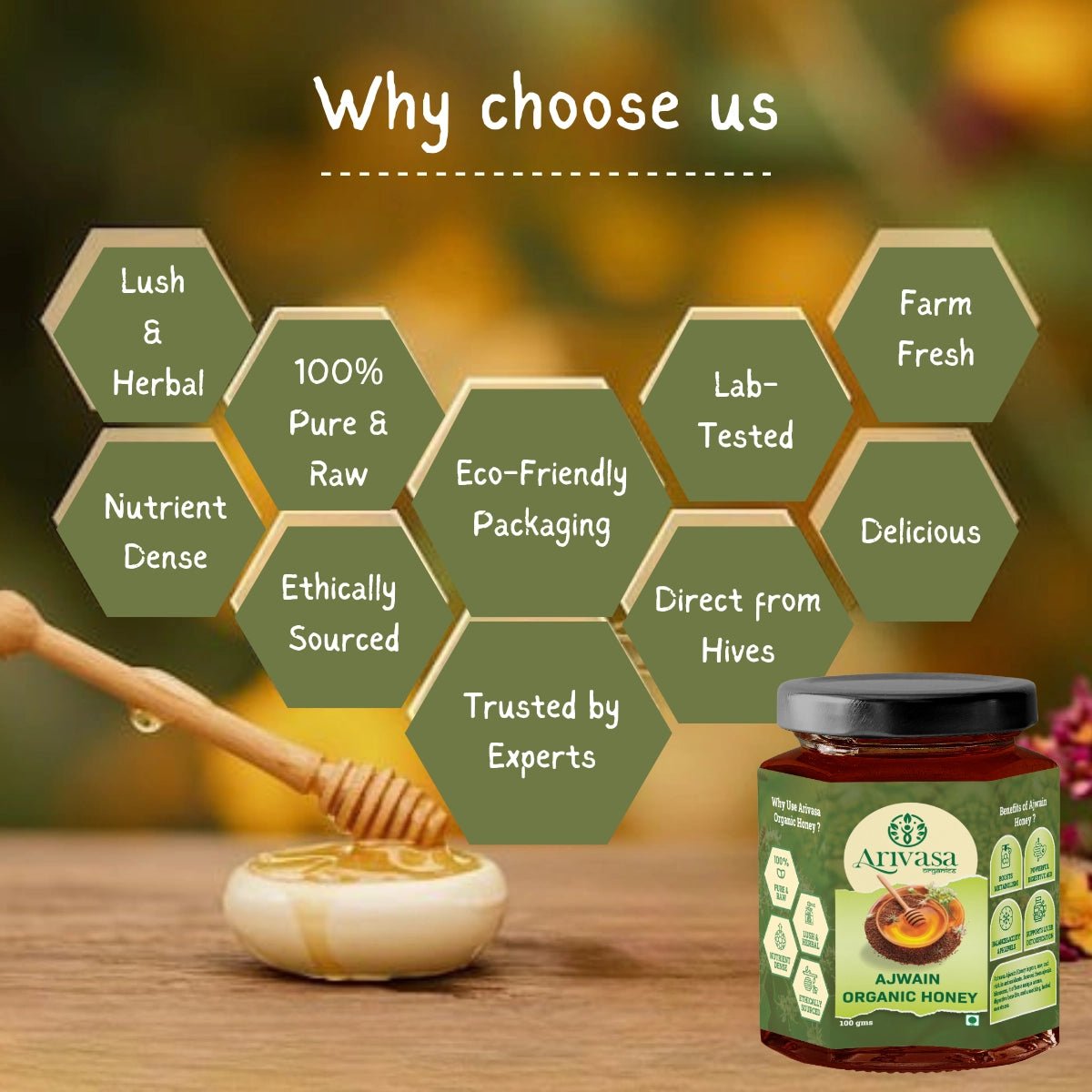 Ajwain Organic Honey | Natural, Pure & NMR Lab - Tested - Arivasa Organics - 100 gms - 