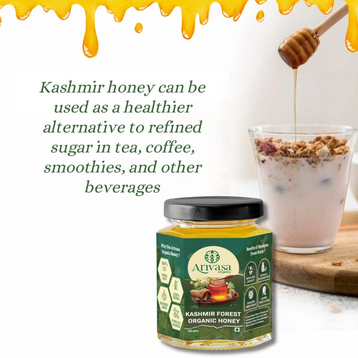 Organic Kashmir Forest Honey | Pure & NMR Lab - Tested - Arivasa Organics - 100 gms - 