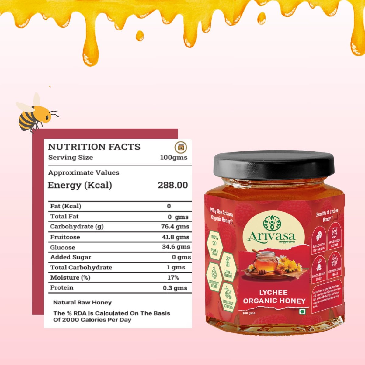 Lychee Organic Honey | Fruity, Pure & NMR Tested - Arivasa Organics - 100 gms - 