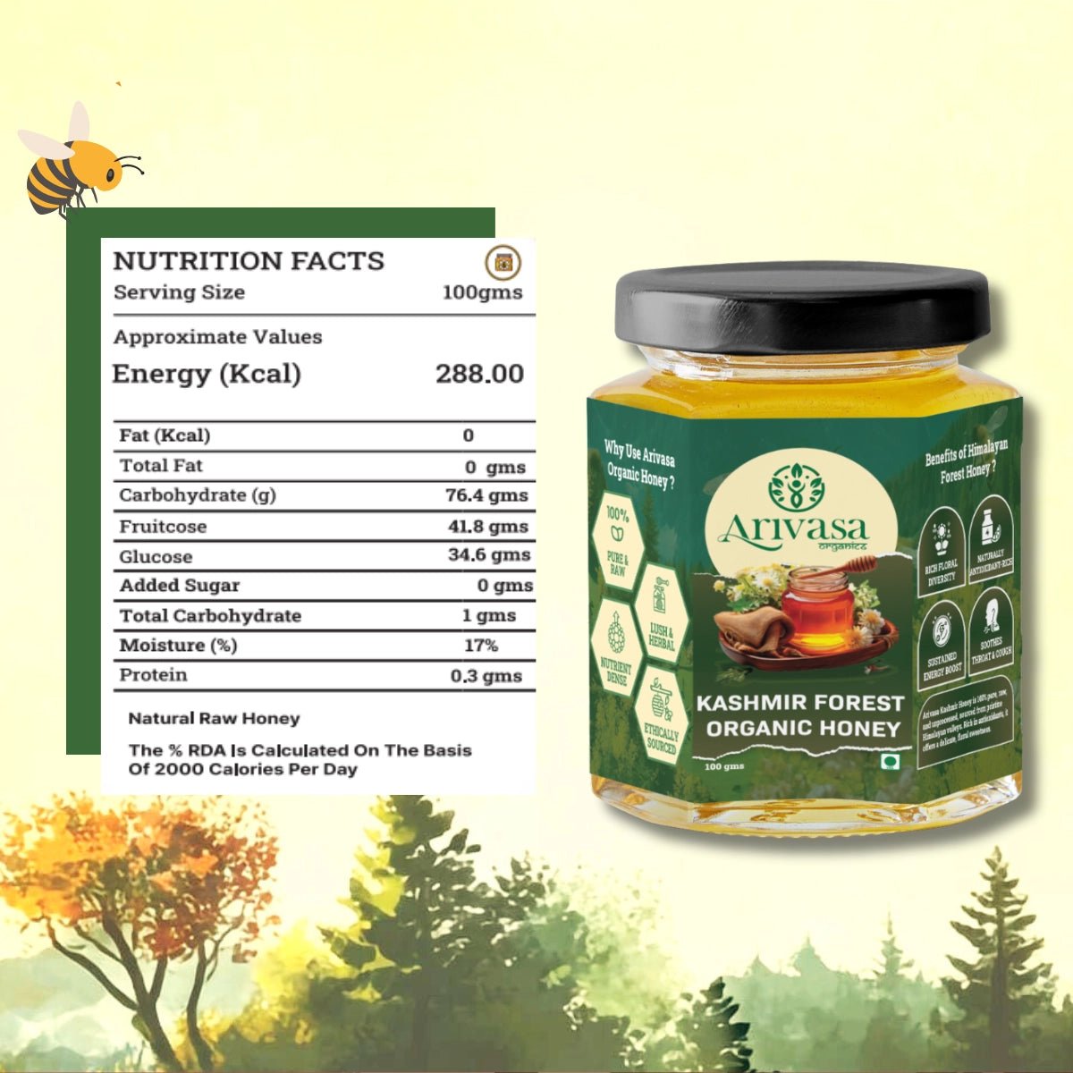 Organic Kashmir Forest Honey | Pure & NMR Lab - Tested - Arivasa Organics - 100 gms - 
