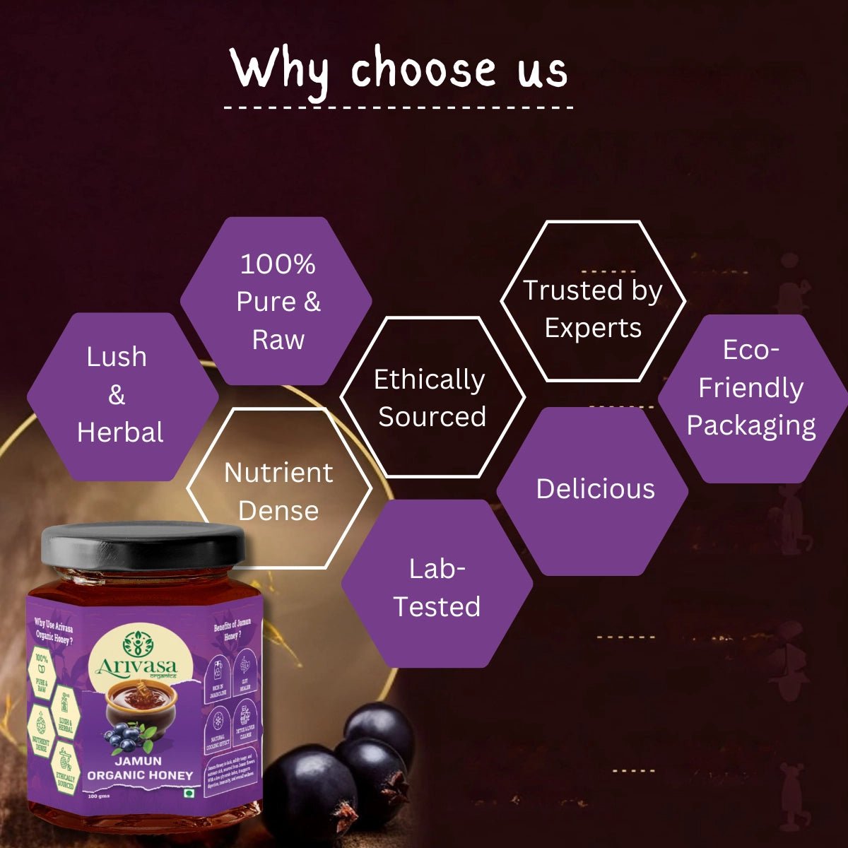 Jamun Organic Honey | Pure, Natural & NMR Lab - Tested - Arivasa Organics - 100 gms - 