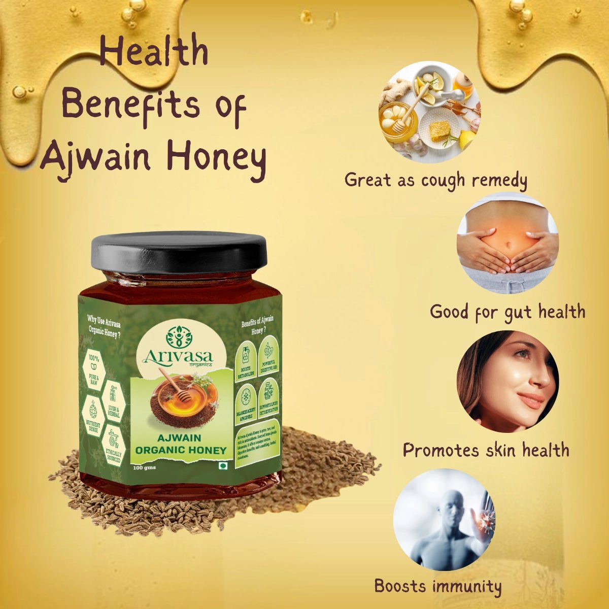 Ajwain Organic Honey | Natural, Pure & NMR Lab - Tested - Arivasa Organics - 100 gms - 