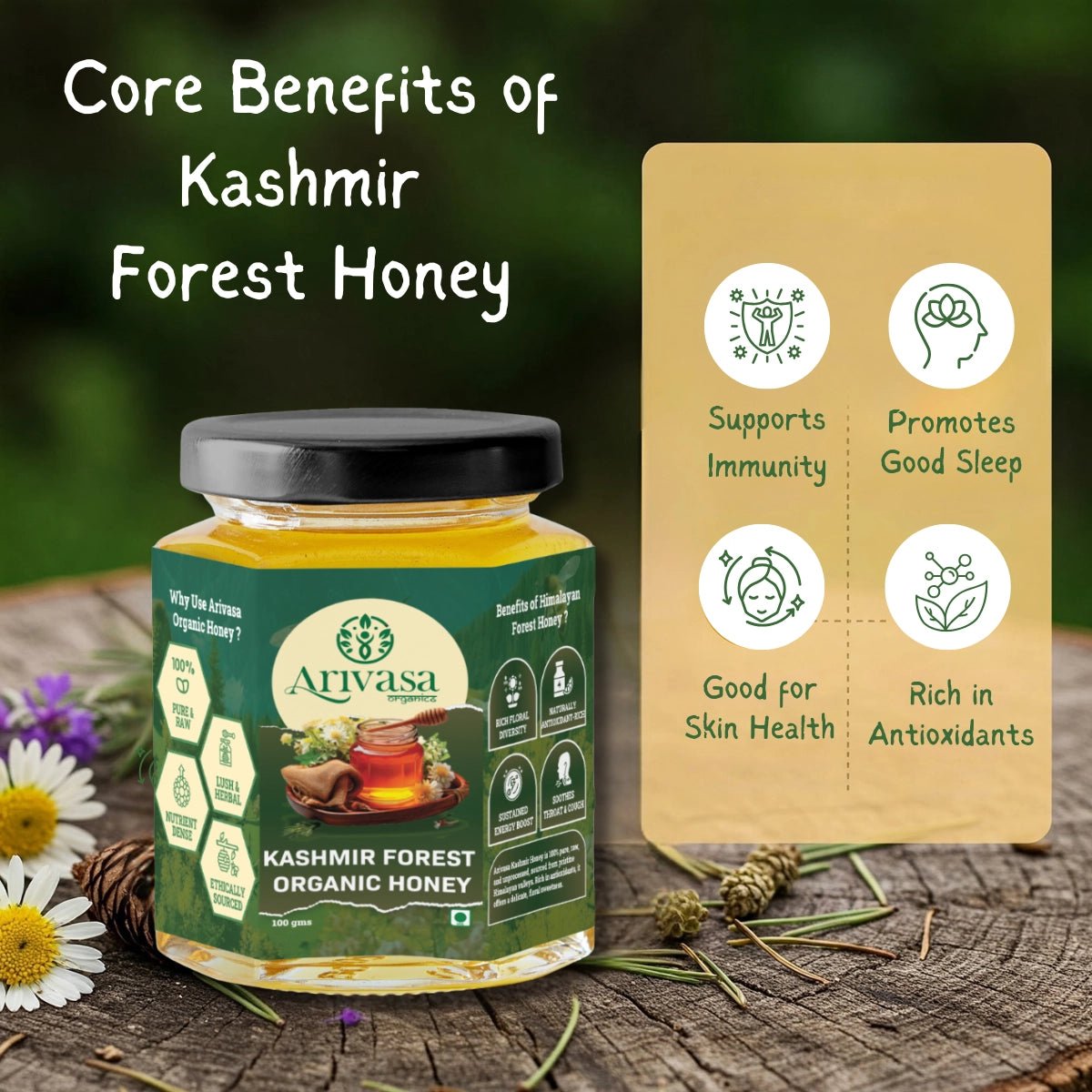 Organic Kashmir Forest Honey | Pure & NMR Lab - Tested - Arivasa Organics - 100 gms - 