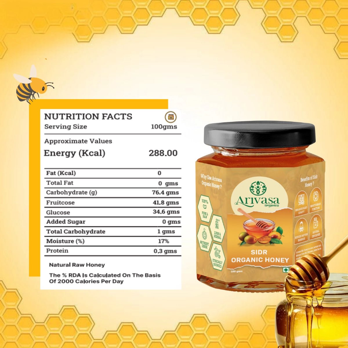 Sidr Organic Honey | Natural, Pure & NMR Lab - Tested - Arivasa Organics - 100 gms - 