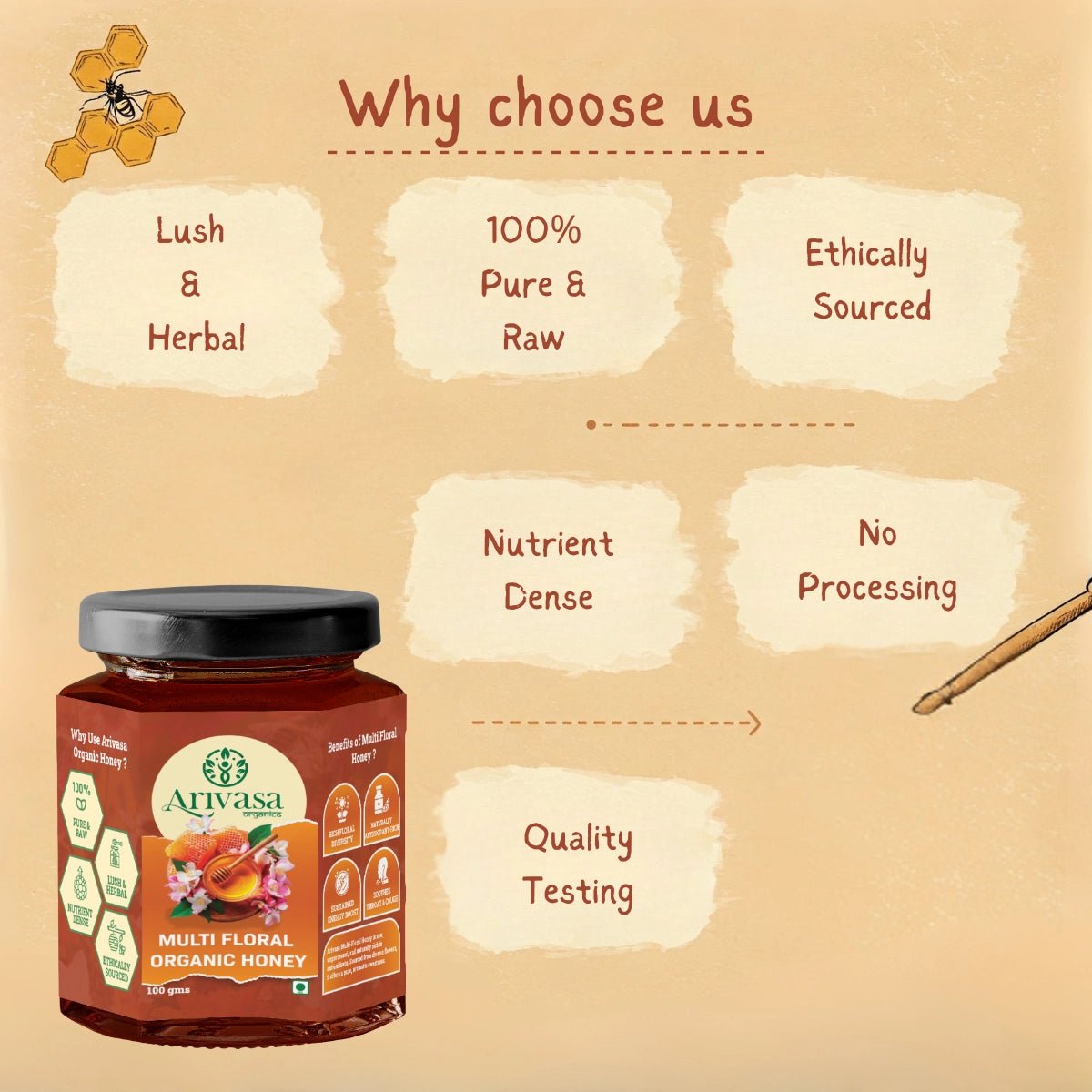 Organic Multi Floral Honey | Pure, Natural & NMR Lab - Tested - Arivasa Organics - 100 gms - 