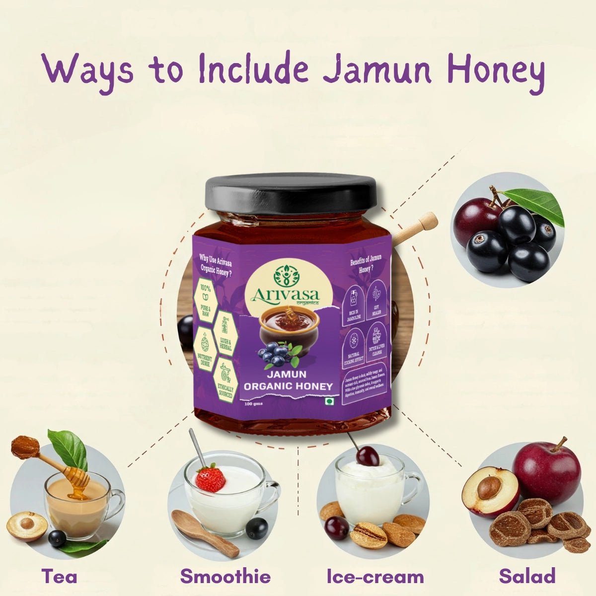 Jamun Organic Honey | Pure, Natural & NMR Lab - Tested - Arivasa Organics - 100 gms - 