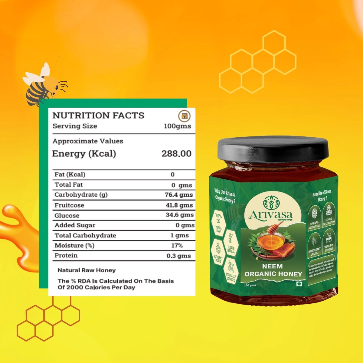 Neem Organic Honey | Pure, All - Natural & Lab - Tested by NMR - Arivasa Organics - 100 gms - 