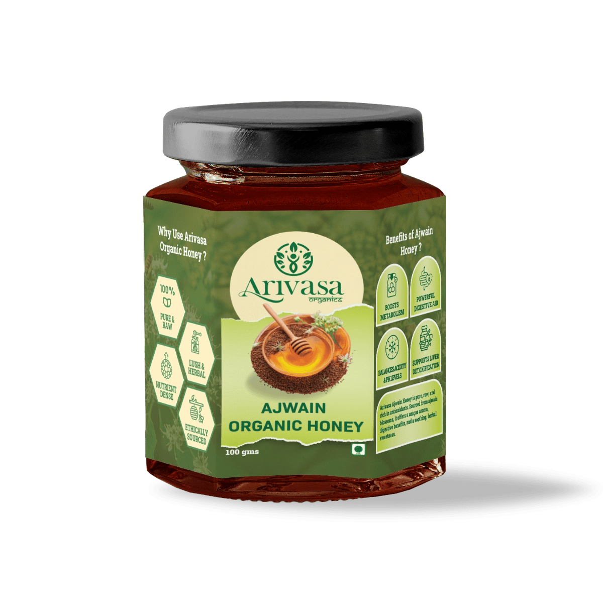 Ajwain Organic Honey | Natural, Pure & NMR Lab - Tested - Arivasa Organics - 100 gms - 