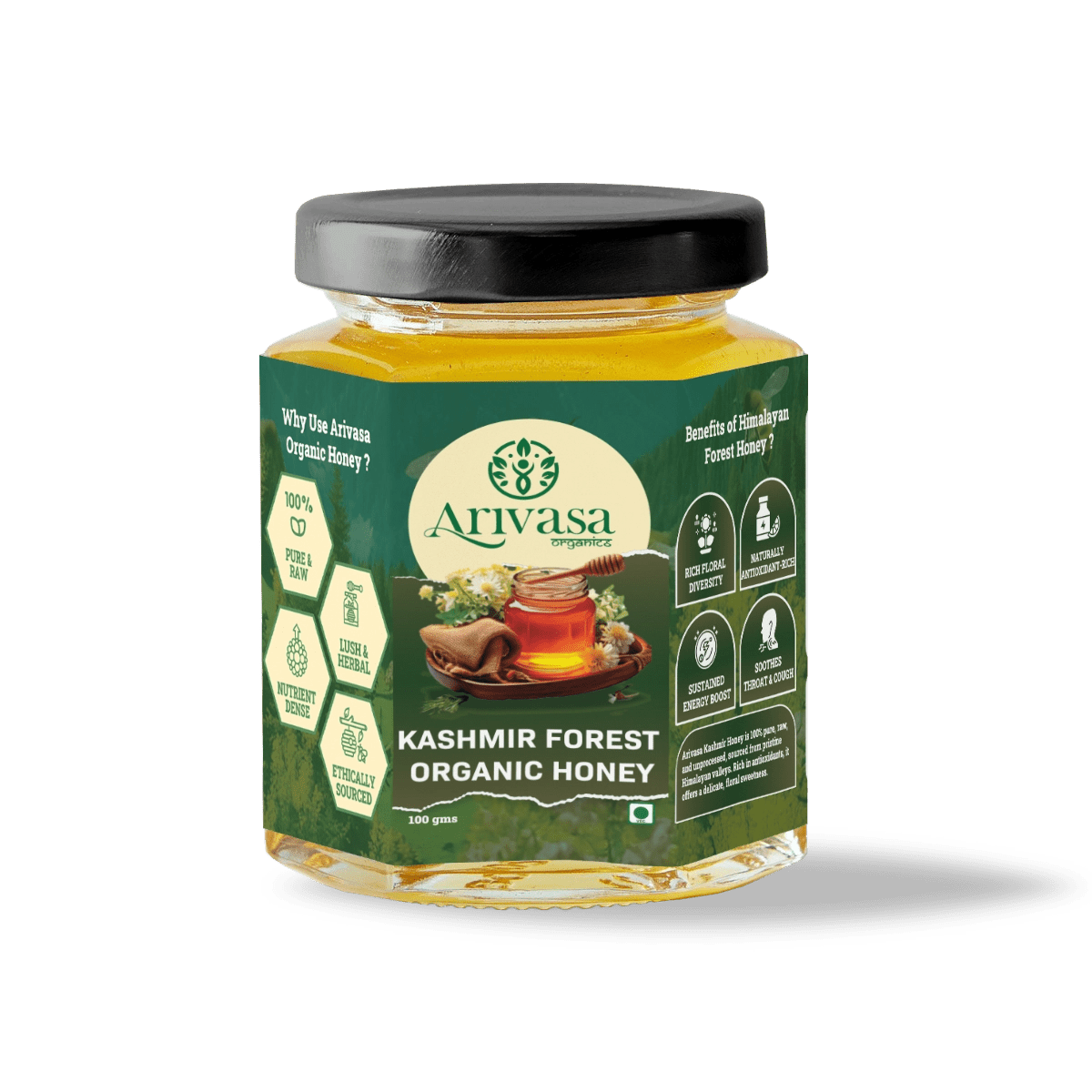 Organic Kashmir Forest Honey | Pure & NMR Lab - Tested - Arivasa Organics - 100 gms - 