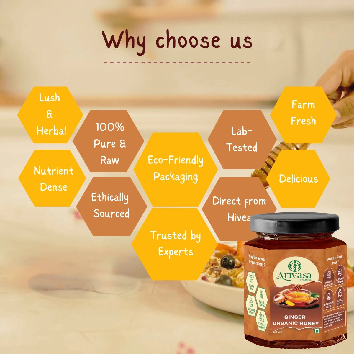 Organic Ginger Honey | Pure, Natural & NMR Lab - Tested - Arivasa Organics - 100 gms - 
