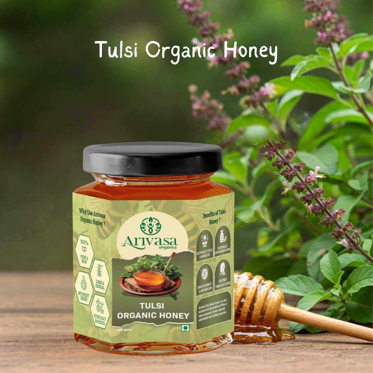 Tulsi Organic Honey | Pure, Floral & NMR Lab - Tested - Arivasa Organics - 250 gms - 