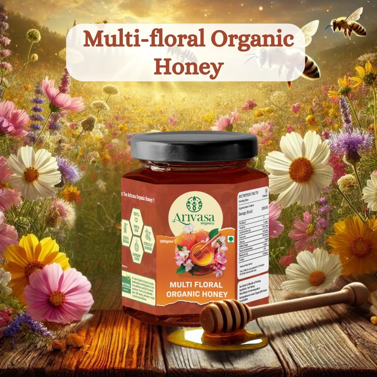 Organic Multi Floral Honey | Pure, Natural & NMR Lab - Tested - Arivasa Organics - 250 gms - 