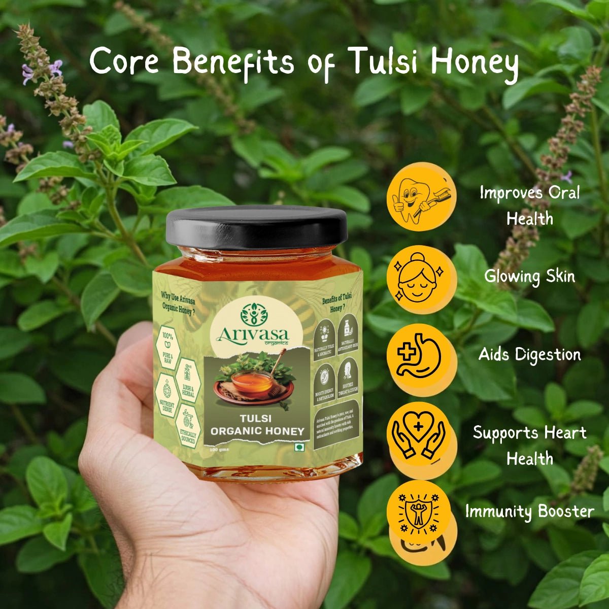 Tulsi Organic Honey | Pure, Floral & NMR Lab - Tested - Arivasa Organics - 250 gms - 