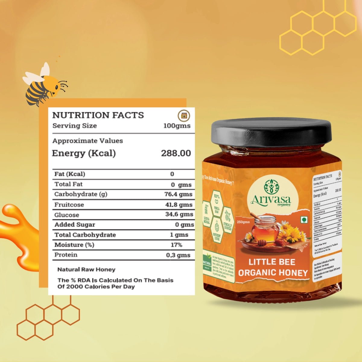 Organic Little Bee Honey | Pure, Natural & NMR Lab - Tested - Arivasa Organics - 250 gms - 
