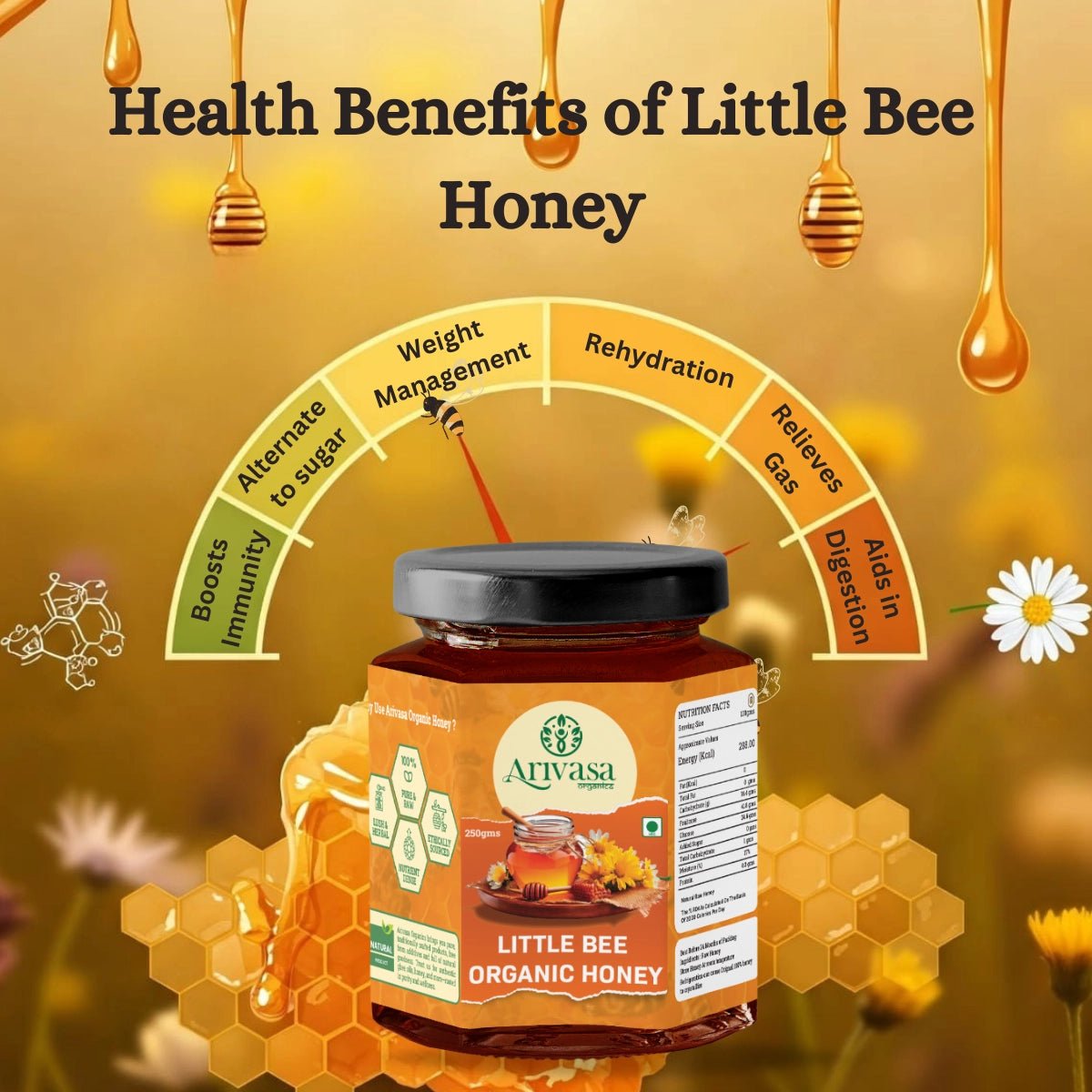 Organic Little Bee Honey | Pure, Natural & NMR Lab - Tested - Arivasa Organics - 250 gms - 
