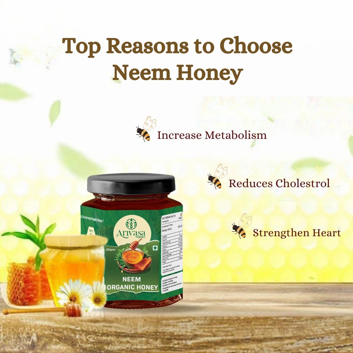Neem Organic Honey | Pure, All - Natural & Lab - Tested by NMR - Arivasa Organics - 250 gms - 