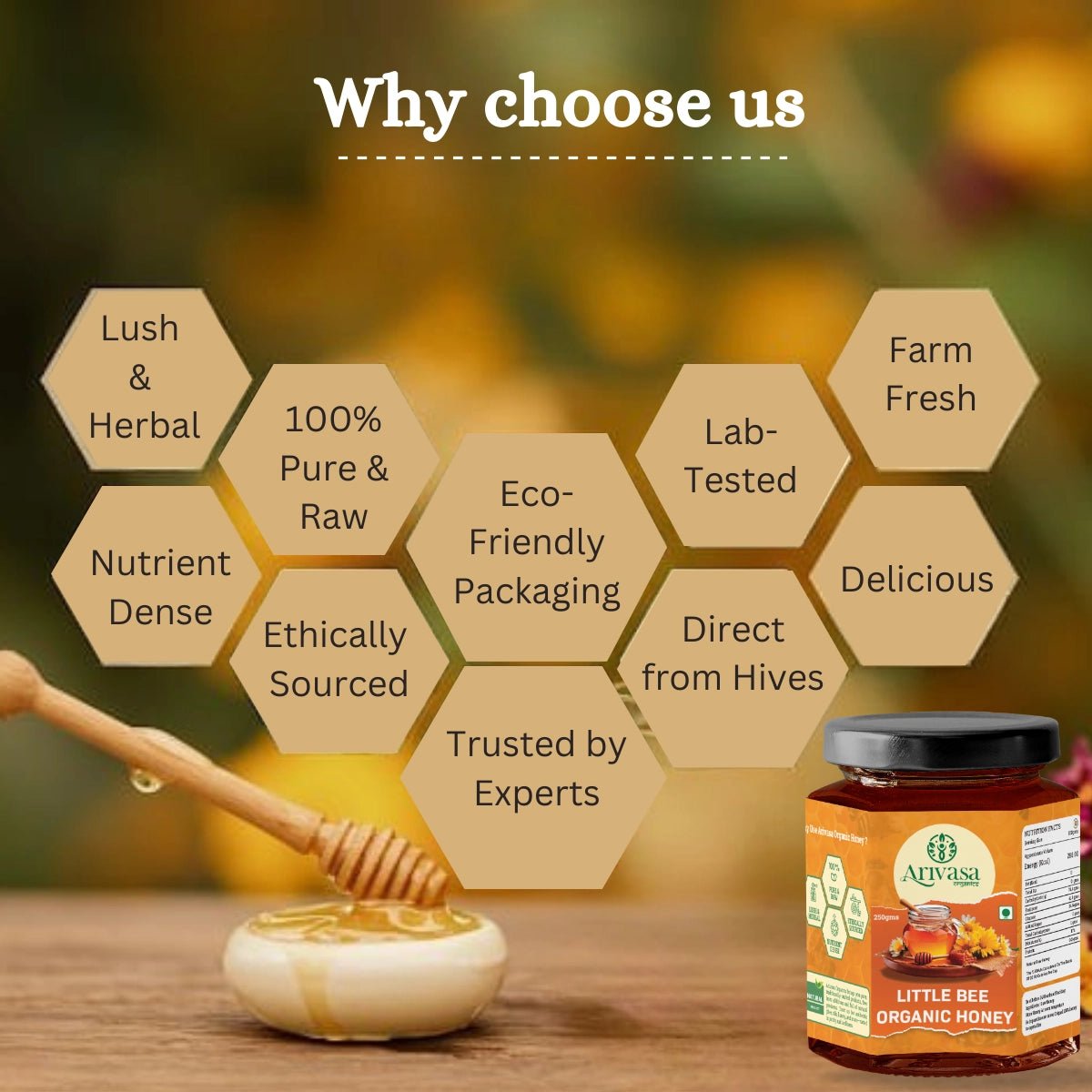 Organic Little Bee Honey | Pure, Natural & NMR Lab - Tested - Arivasa Organics - 250 gms - 
