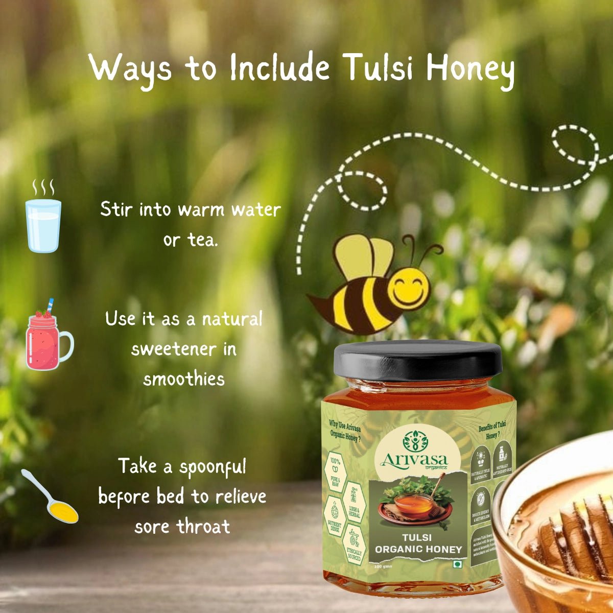 Tulsi Organic Honey | Pure, Floral & NMR Lab - Tested - Arivasa Organics - 250 gms - 